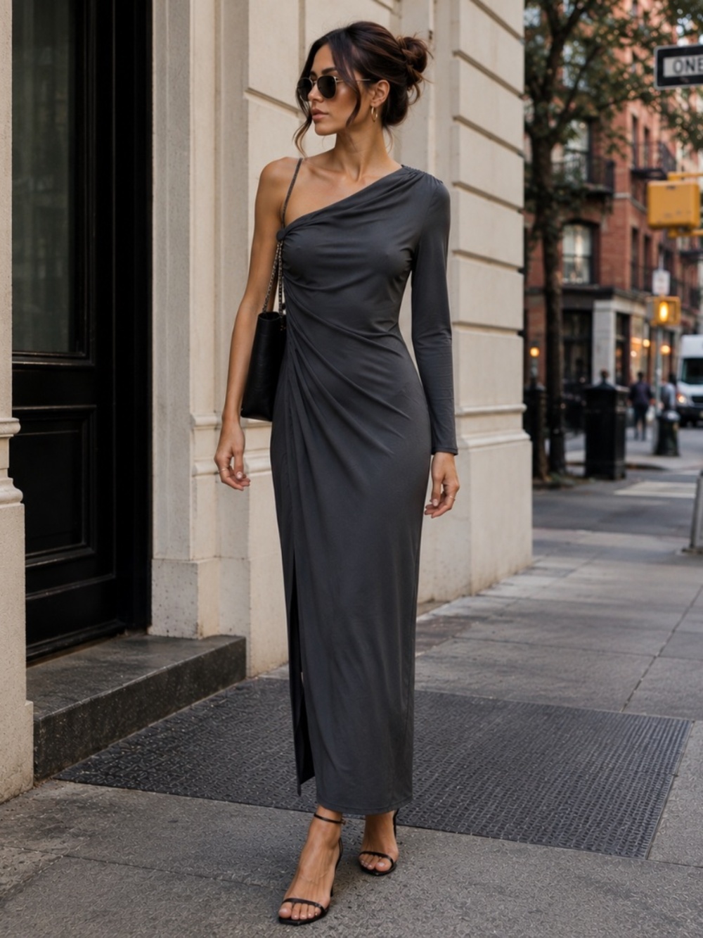 NEW with Tag!  Zara One Shoulder Asymmetric Draped Ruched Maxi Dress Gray,Small